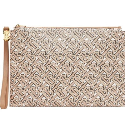 Shop Burberry Panola Monogram Leather Pouch In Beige