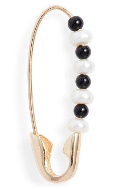 Shop Loren Stewart Friendship Onyx & Pearl Safety Pin Earring In Yellow Gold/ Pearl/ Black Onyx