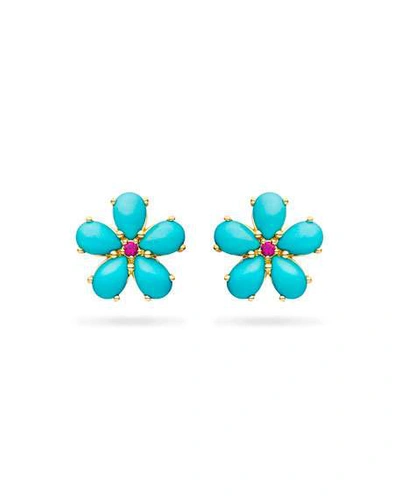Shop Paul Morelli Small Turquoise Petal Button Earrings With Rubies