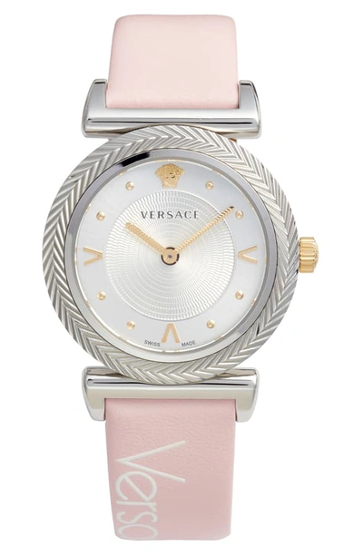 Shop Versace V Motif Leather Strap Watch, 35mm In Pink/ White/ Silver