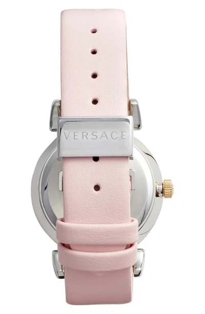 Shop Versace V Motif Leather Strap Watch, 35mm In Pink/ White/ Silver