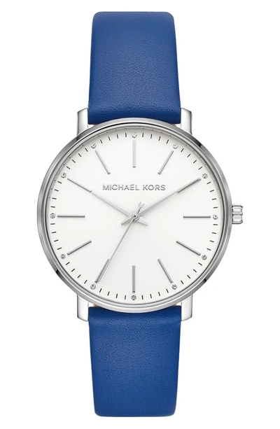 Shop Michael Kors Pyper Leather Strap Watch, 38mm In Blue/ White/ Silver