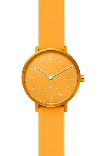 Shop Skagen Aaren Kul?r Rubber Strap Watch, 36mm In Yellow