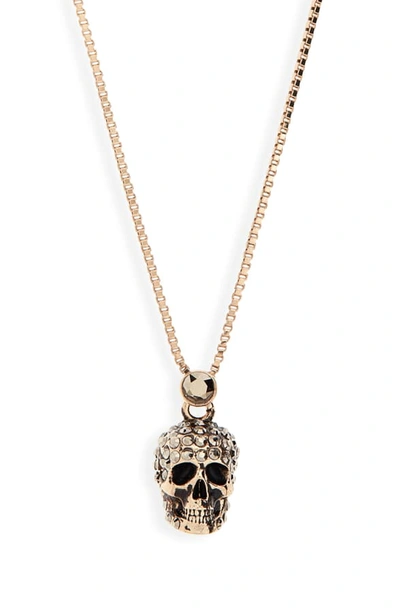 Shop Alexander Mcqueen Crystal Pave Skull Pendant Necklace In Gold