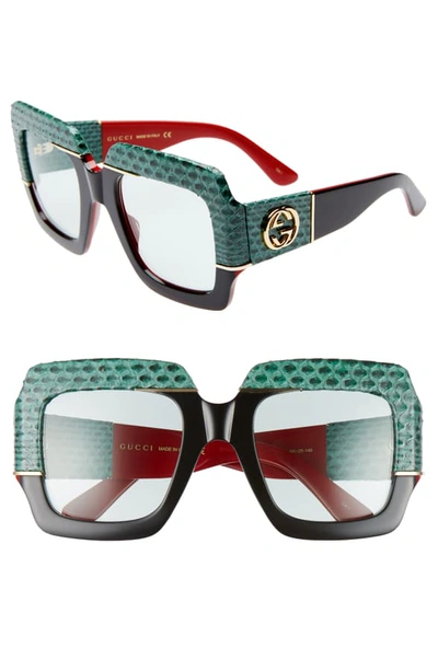 Shop Gucci 54mm Genuine Snakeskin Embellished Square Sunglasses In Shny Bily Solid Blk/red W/grn