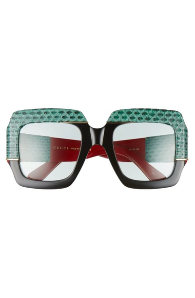 Shop Gucci 54mm Genuine Snakeskin Embellished Square Sunglasses In Shny Bily Solid Blk/red W/grn
