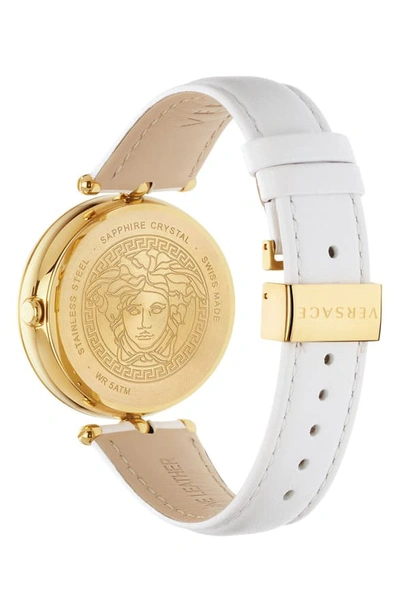 Shop Versace Palazzo Empire Leather Strap Watch, 39mm In White/ Gold