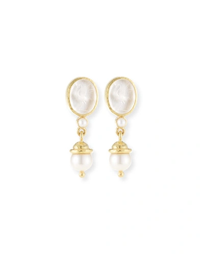 Shop Elizabeth Locke 19k Gold Crane Intaglio & Akoya Pearl Drop Earrings