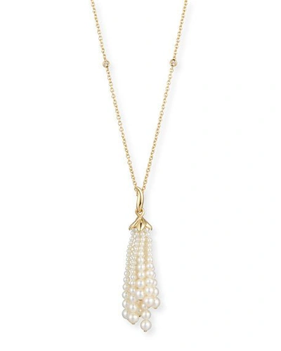 Shop Utopia Pearl Tassel Pendant Necklace With Diamonds In 18k Gold