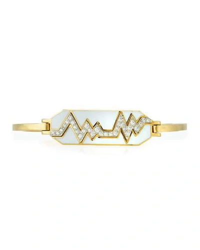 Shop David Webb Motif 18k Gold Diamond Skip Zigzag Bracelet With White Enamel & Platinum