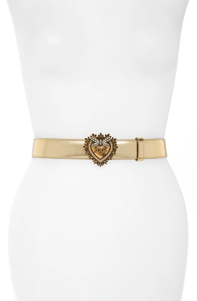 Shop Dolce & Gabbana Devotion Logo Heart Buckle Leather Belt In Oro