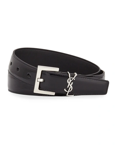Shop Saint Laurent Ysl Monogram Textured Patent Leather Belt In Black