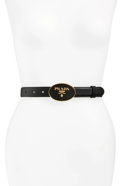 Shop Prada Round Logo Plate Saffiano Leather Belt In Black/ Gold