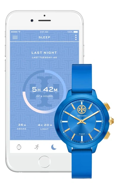 Shop Tory Burch Collins Hybrid Rubber Strap Watch, 38mm In Blue/ Gold