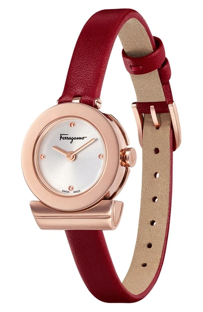 Shop Ferragamo Gancino Leather Bracelet Watch, 22mm In Burgundy/ Silver/ Rose Gold