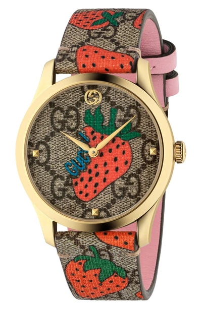 Shop Gucci G-timeless Strawberry Print Strap Watch, 38mm In Brown/ Strawberry/ Gold