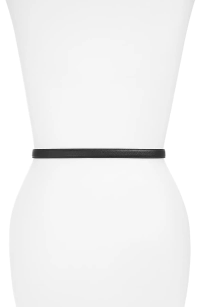 Shop Prada Logo Charm Saffiano Leather Skinny Belt In Black