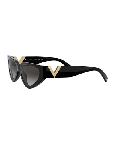 Shop Valentino Cat-eye Acetate Sunglasses W/ V Temples In Black