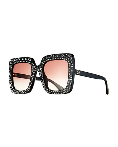 Shop Gucci Oversized Square Transparent Sunglasses W/ Crystal Star Embellishments In Black