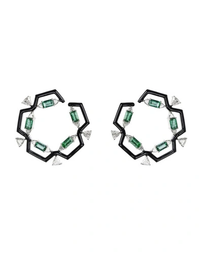 Shop Nikos Koulis Oui 18k White Gold & Black Enamel Hoop Earrings With Emeralds & Diamond