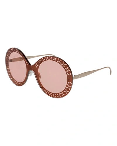 Shop Alaïa Perforated Metal Round Shield Sunglasses In Gold