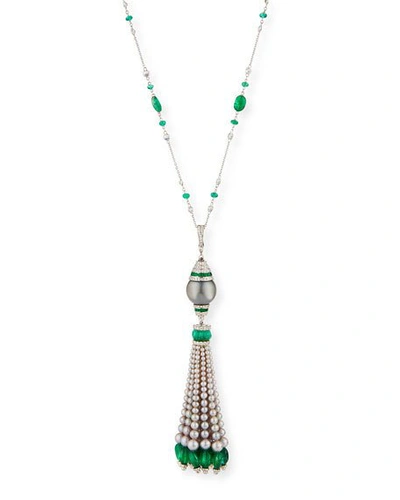 Shop Andreoli 18k White Gold Emerald, Diamond & Pearl Tassel Necklace