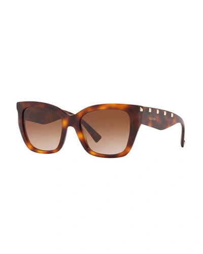 Shop Valentino Square Rockstud Acetate Sunglasses In Havana