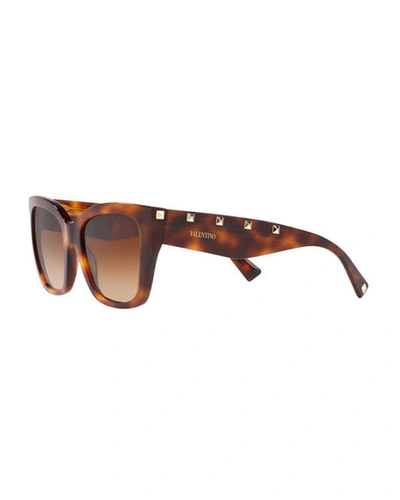 Shop Valentino Square Rockstud Acetate Sunglasses In Havana