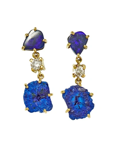 Shop Jan Leslie 18k Bespoke One-of-a-kind Luxury 2-tier Earring With Raw Opal Doublet, Azurite Geode, And Diamond