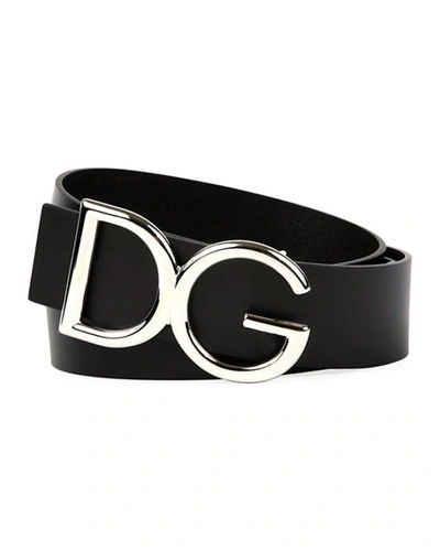 Shop Dolce & Gabbana Men's Leather Belt W/ Logo Buckle In Black/silver