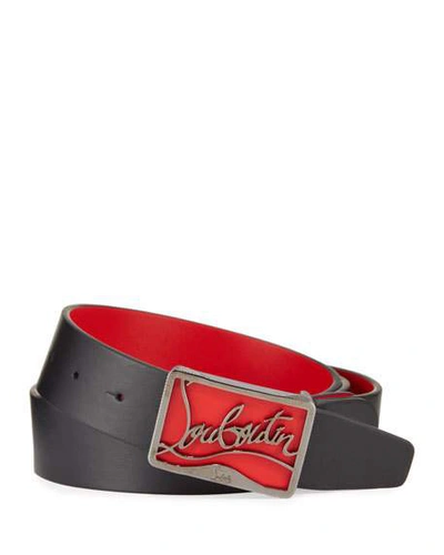 Shop Christian Louboutin Men's Ricky Leather Belt W/ Brass Logo Buckle In Black/red