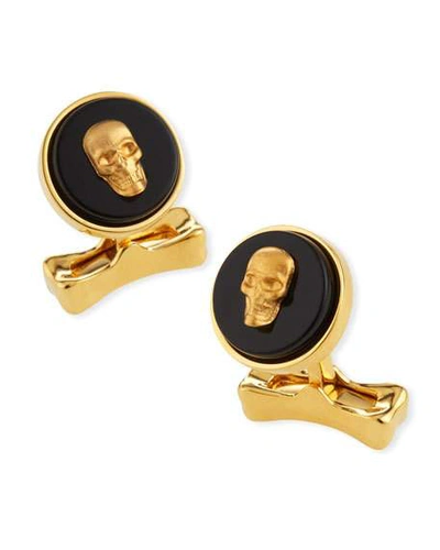 Shop Alexander Mcqueen Men's Skull-on-stone Cufflinks With Zebra Jasper In Black/gold