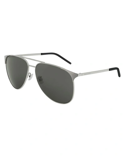 Shop Saint Laurent Men's Metal Half-rim Sunglasses In Silver