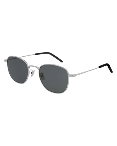 Shop Saint Laurent Men's Round Metal Sunglasses In Silver