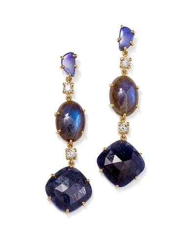 Shop Jan Leslie 18k Bespoke One-of-a-kind Luxury 2-tier Earring With Boulder Opal, Labradorite, Sapphire, And Diamon