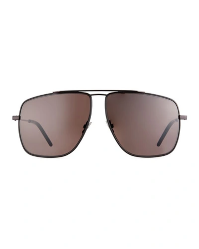 Shop Saint Laurent Men's Square Metal Brow-bar Sunglasses In Black
