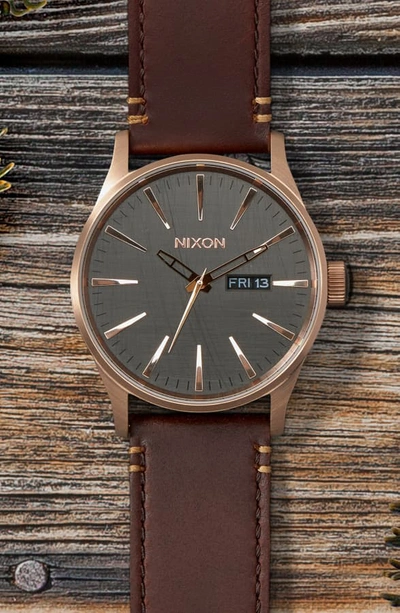 Shop Nixon The Sentry Leather Strap Watch, 42mm In Brown/ Rose Gold/ Gunmetal