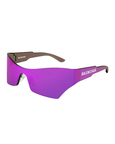 Shop Balenciaga Men's Injection Rectangle Shield Sunglasses In Pink/purple