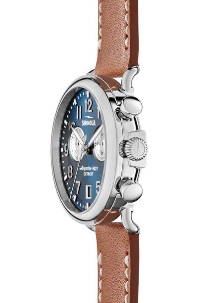 Shop Shinola The Runwell Chronograph Leather Strap Watch, 41mm In Tan/ Midnight Blue/ Silver