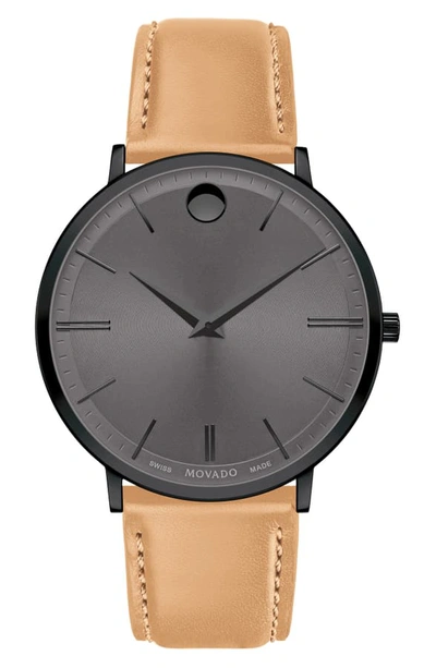 Shop Movado Ultra Slim Leather Strap Watch, 40mm In Beige/ Grey/ Black