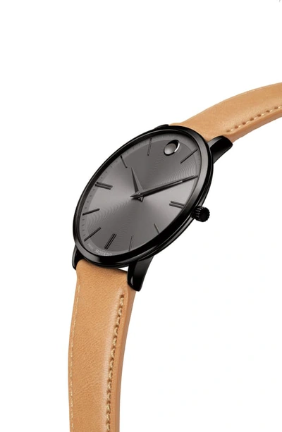 Shop Movado Ultra Slim Leather Strap Watch, 40mm In Beige/ Grey/ Black