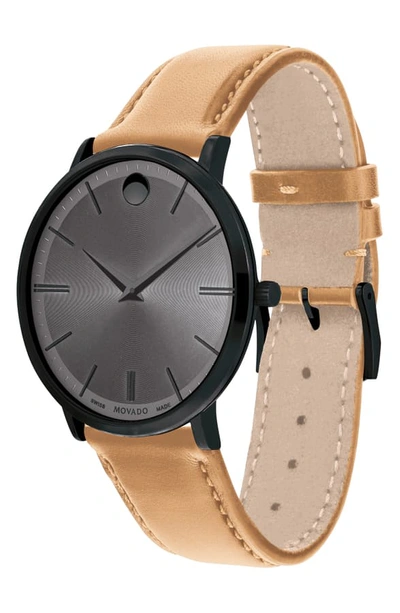 Shop Movado Ultra Slim Leather Strap Watch, 40mm In Beige/ Grey/ Black