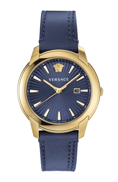 Shop Versace Urban Leather Strap Watch, 42mm In Blue/ Gold