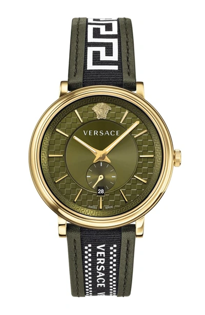 Shop Versace V Circle Greca Leather Strap Watch, 42mm In Green/ Gold