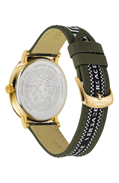 Shop Versace V Circle Greca Leather Strap Watch, 42mm In Green/ Gold