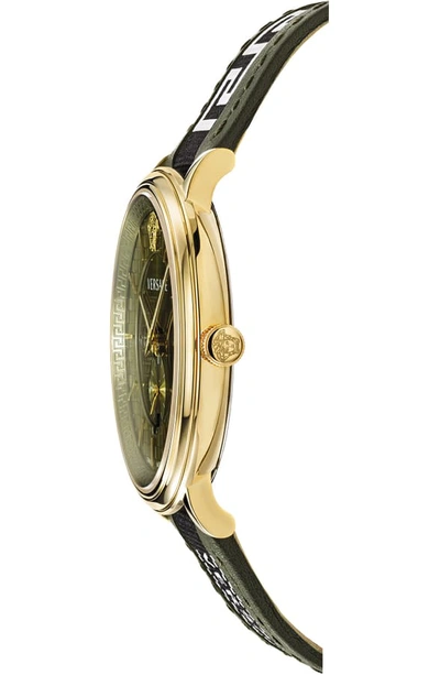 Shop Versace V Circle Greca Leather Strap Watch, 42mm In Green/ Gold