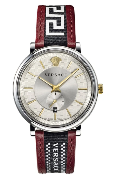 Shop Versace V Circle Greca Leather Strap Watch, 42mm In Red/ Silver
