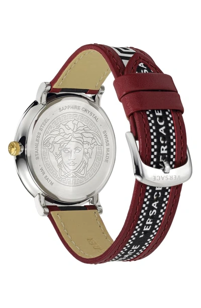 Shop Versace V Circle Greca Leather Strap Watch, 42mm In Red/ Silver