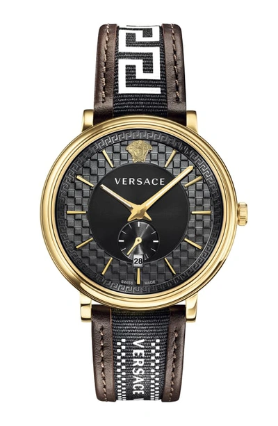 Shop Versace V Circle Greca Leather Strap Watch, 42mm In Brown/ Black/ Gold