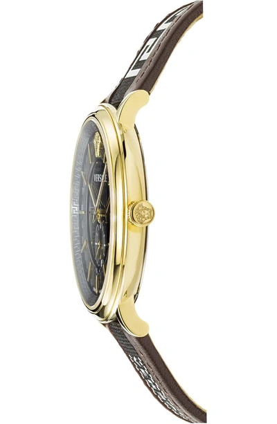 Shop Versace V Circle Greca Leather Strap Watch, 42mm In Brown/ Black/ Gold